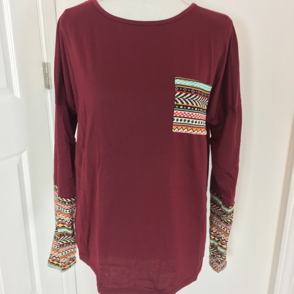 Womens Wine Red Longsleeve Pocket Tee Shirt Large